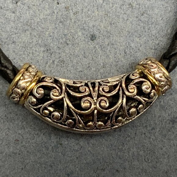 Retro Filigree Slider Bracelet 7.5 In Silver Braided Black Leather Toggle BoHo - Picture 2 of 5